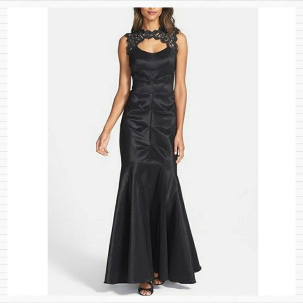 Xscape Black Lace Trim Satin Maxi Dress